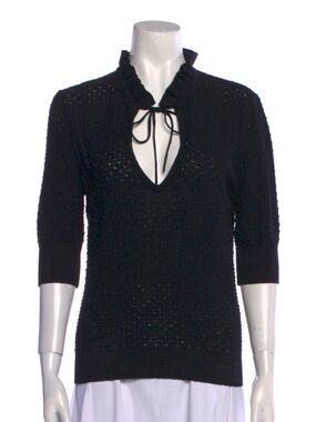 Ganni Black Open-Knit Ruffle Tie-Front Sweater